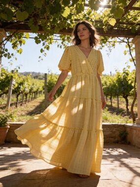 Lark + Grey Yellow Tiered Midi Dress Puff Sleeve V Neck Textured Size L